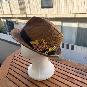 Custom Brown Straw Fedora Hat W/ Black Band & Embroidered Patch Design M/L